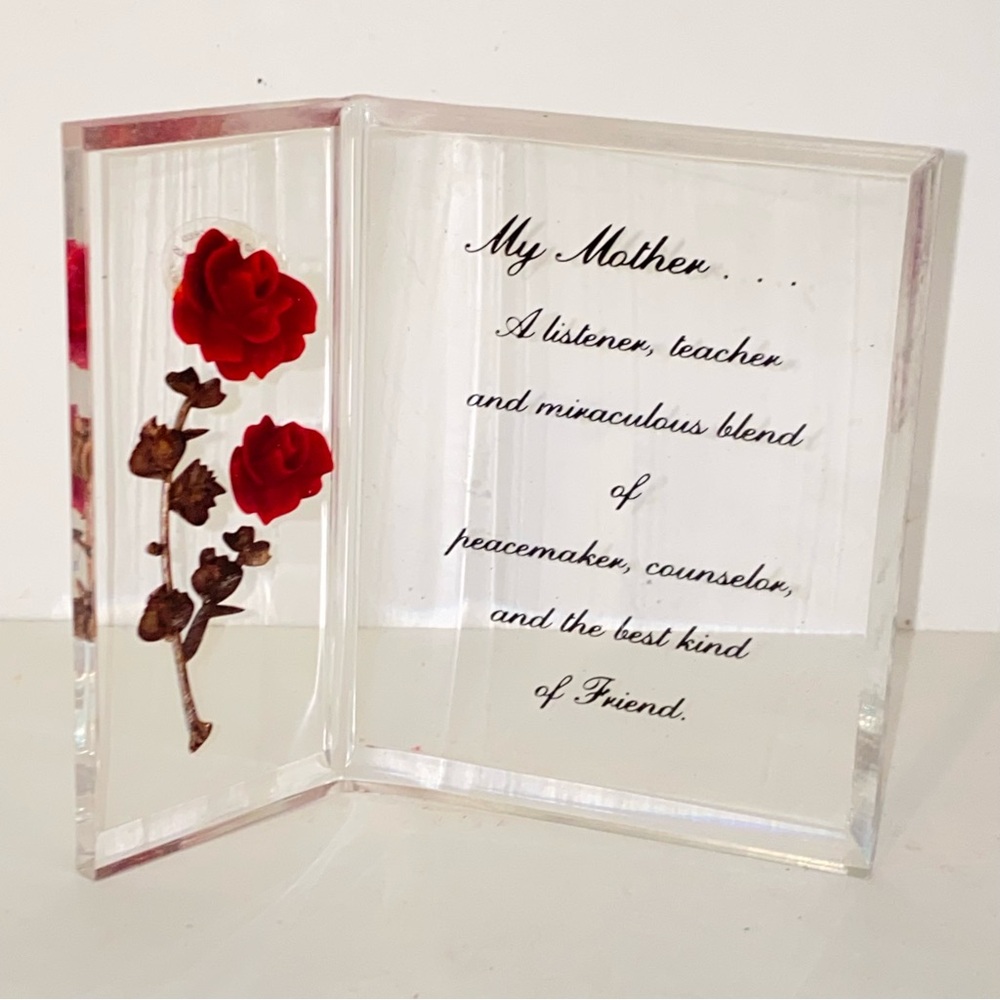 Vintage Lucite Reverse Carved Red Rose with My Mother Quote Tabletop Plaque
